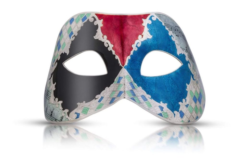 Hand raised Planished Silver enamelled Venetian Mask
