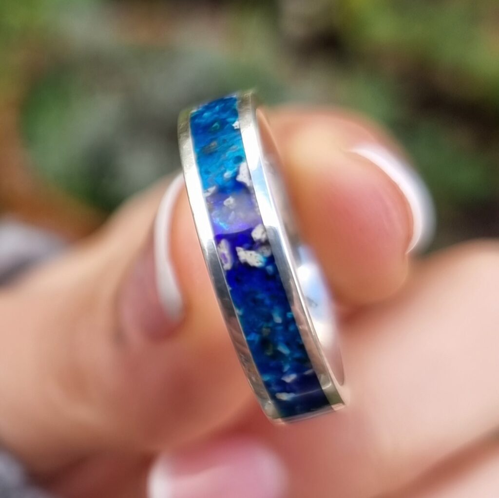 Ashes Memorial Sterling Silver Ring with Coloured Resin of your choice, here in a deep blue